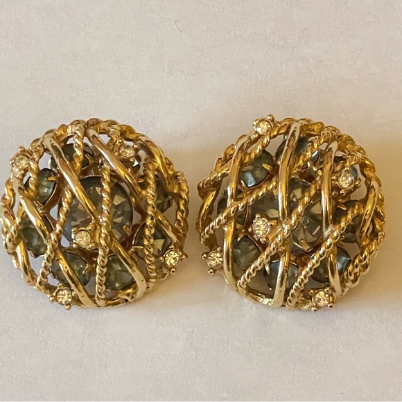 Vintage Hattie Carnegie Openwork Rhinestone Gold Tone Earrings